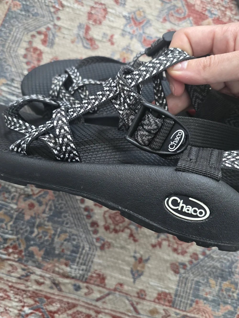 Chaco Black with White Pattern Strappy Sandals